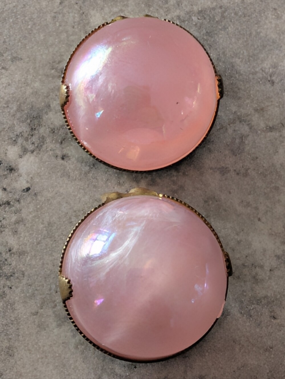 Vintage Made In Austria Round Luminous Pink Cabochon Clip On Earrings